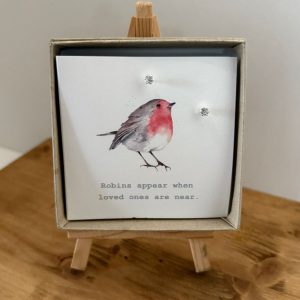 Crumble & Core card with Earrings,  image and text